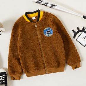 Kid Boy Letter Astronaut Embroidered Zipper Fuzzy Bomber Jacket