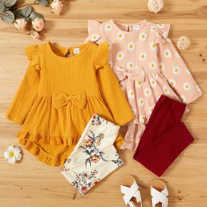 2-piece Toddler Girl Bowknot Design High Low Solid/Floral Print Long-sleeve Top and Leggings Set