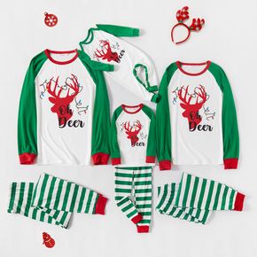 Christmas Deer and Letter Print Snug Fit Family Matching Green Raglan Long-sleeve Striped Pajamas Sets
