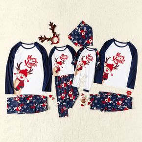 Merry Xmas Letters and Reindeer Print Navy Family Matching Long-sleeve Pajamas Sets (Flame Resistant)