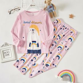 2-piece Kid Boy Letter Bear Print Long-sleeve Top and Rainbow Print Pajamas Sleepwear Set