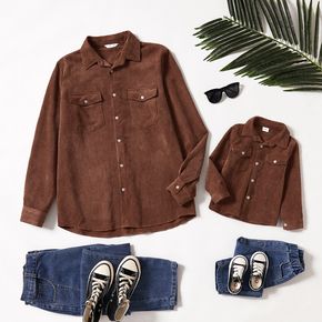 Coffee Corduroy Lapel Button Down Long-sleeve Shirts for Dad and Me