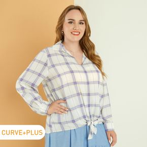 Women Plus Size Casual V Neck Tie Knot Plaid Shirt