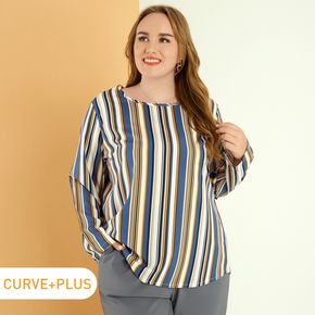 Women Plus Size Elegant Striped Long-sleeve Tee