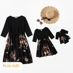 Floral Print Splicing Black Half-sleeve Dress for Mom and Me