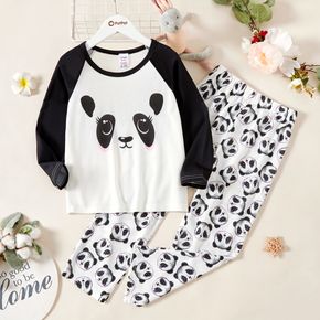 2-piece Kid Girl Animal Panda Print Long-sleeve Tee and Pants Pajamas Lounge Set (Flame retardant fabric)