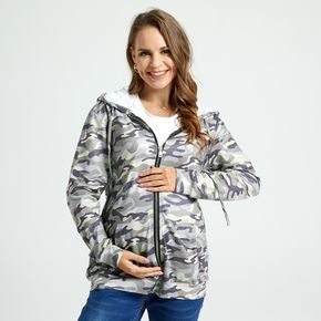 Maternity Allover Camouflage Long-sleeve Kangaroo Pocket Zip Up Drawstring Hooded Coat