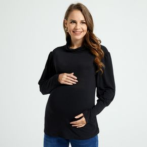 Maternity Black Pile Collar Long-sleeve T-shirt