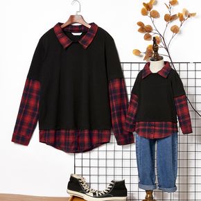 Red and Black Plaid Lapel Long-sleeve Faux-two Long-sleeve Cotton Shirts for Dad and Me