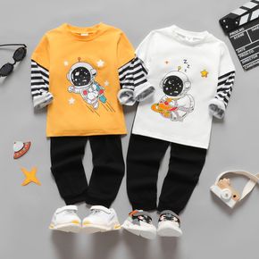 2-piece Toddler Boy Astronaut Print Stripe Long-sleeve Top and Black Pants Set