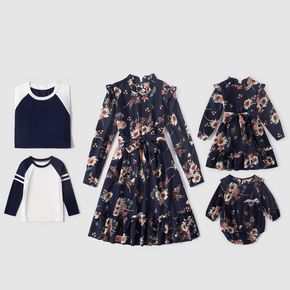 Floral Print Dark Blue Long Sleeve Family Matching Sets（Frilly Belted Dresses and Colorblock T-shirts）