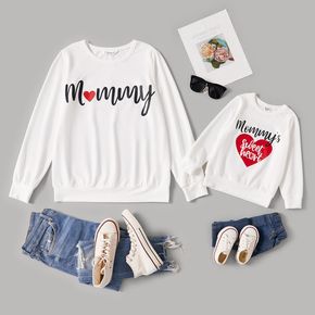 Love Heart Letter Print White Long-sleeve Crewneck Sweatshirts for Mom and Me