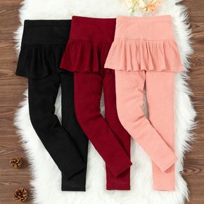 Kid Girl Ribbed Ruffled Solid Color Skirt Leggings