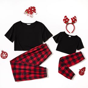 Christmas Short-sleeve Crop Top and Red Plaid Pants Sets for Mom and Me