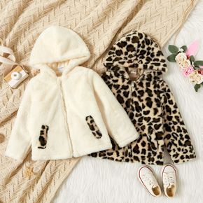 Toddler Girl Zipper Fuzzy Leopard Print/Solid Hooded Coat