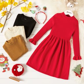 Kid Girl Ribbed Knit Long Bell sleeves Solid Dress