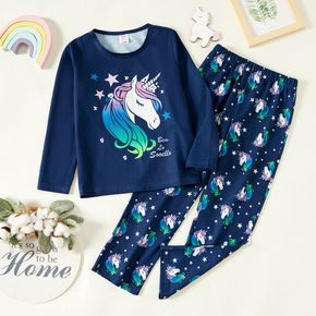 2-piece Kid Girl Unicorn Stars Letter Print Long-sleeve Tee and Pants Pajamas Lounge Set