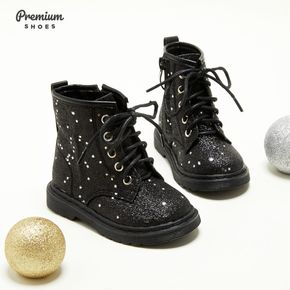Toddler / Kid Stars Pattern Side Zipper Perforated Lace-up Black Boots