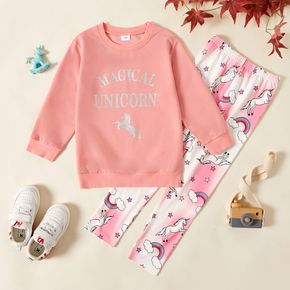 2-piece Kid Girl Letter Animal Unicorn Print Pink Pullover Sweatshirt and Rainbow Print Pants Set