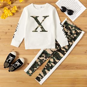 2-piece Kid Girl Letter Camouflage Print Pullover Sweatshirt and Colorblock Pants Set