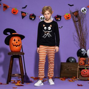 2-piece Kid Boy Halloween Print Black Pullover and Stripe Pants Pajamas Set