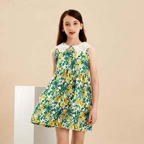 Beautiful Kid Girl Floral Plant Print Schiffy Flounced Collar Dress