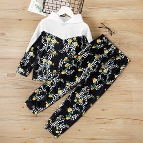 2-piece Kid Girl Floral Print Colorblock Hoodie Sweatshirt and Pants Set