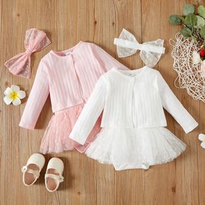 100% Baumwolle 3pcs Baby feste Langarm-Strickjacke und Spaghetti-Träger Mesh Tutu Strampler-Kleid-Set