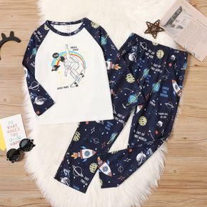 2-piece Kid Girl Space Astronaut Rocket Planet Print Long-sleeve Tee and Pants Sleepwear Lounge Set