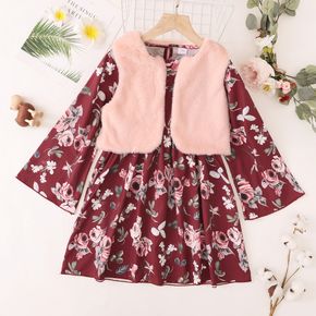 2-piece Kid Girl Floral Print Long-sleeve Dress and Fuzzy Pink Vest Set