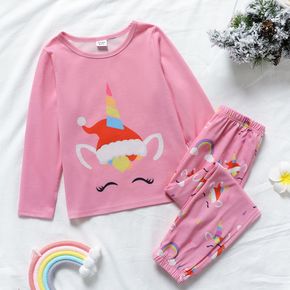 2-piece Kid Girl Unicorn Rainbow Print Long-sleeve Top and Pants Pajamas Lounge Set