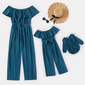 Solid Dark Blue Off Shoulder Ruffle Sleeve Belted Jumpsuits for Mom and Me