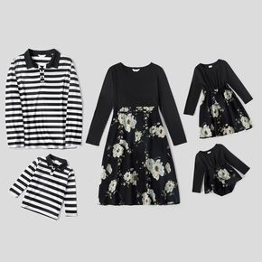 Family Matching Floral Print Splicing Black Long-sleeve Dresses and Striped Polo Shirts Sets