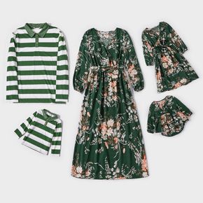 Family Matching All Over Floral Print Green V Neck Belted Long-sleeve Midi Dresses and Striped Lapel T-shirts Sets