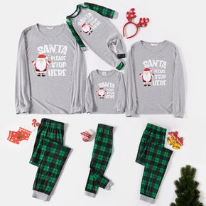 Christmas Santa and Letter Print Snug Fit Grey Family Matching Long-sleeve Plaid Pajamas Sets