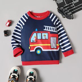 Toddler Boy Vehicle Print Striped Raglan Sleeve Pullover Sweatshirt