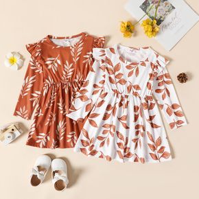 Toddler Girl Leaf Print Ruffled Long-sleeve Dress