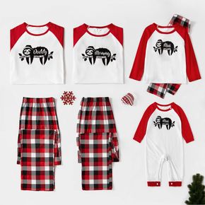 Christmas Sloth and Letter Print Red Family Matching Raglan Long-sleeve Plaid Pajamas Sets (Flame Resistant)