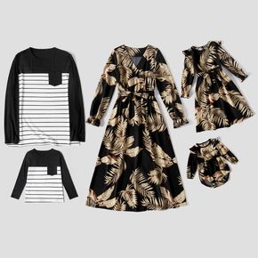 Family Matching All Over Leaves Print Belted Long-sleeve Dresses and Striped T-shirts Sets