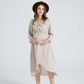 Front Slit Ruffle V Neck Long-sleeve Maternity Dress
