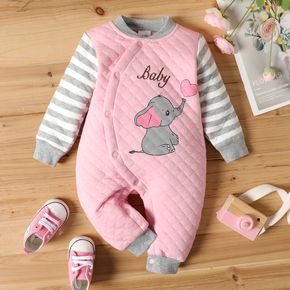 100% Cotton Cartoon Elephant Print Striped Long-sleeve Pink Baby Thickened Jumpsuit