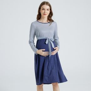 Color Block Stripe Splice Round-collar Long-sleeve Lace-up Midi Dress