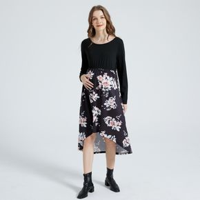 Floral Print Splice Asymmetrical Hem Round-collar Long-sleeve Midi Dress