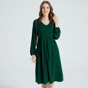Dark Green V-neck Long-sleeve Button Up Midi Dress