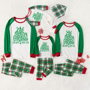 Christmas Letter Print Family Matching Green Raglan Long-sleeve Plaid Pajamas Sets (Flame Resistant)