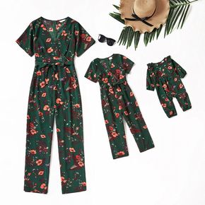 All Over Floral Print Dark Green V Neck Short-sleeve Belted Jumpsuit for Mom and Me