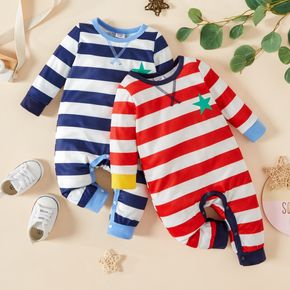 Baby Boy Star Print All Over Red/Blue Striped Long-sleeve Jumpsuit