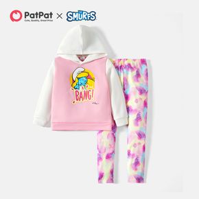 Smurfs  2-piece Kid Girl Letter Print Colorblock Hoodie Sweatshirt and Tie Dye Pants Set