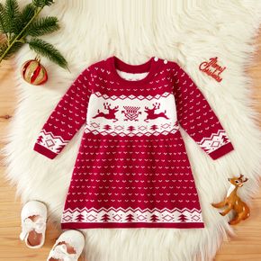 Christmas Reindeer Pattern Red Baby Long-sleeve Knitted Dress
