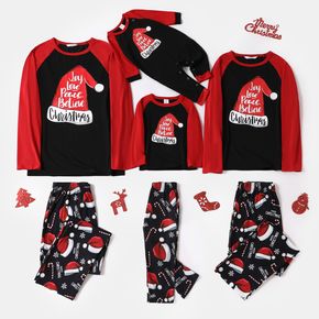 Weihnachtsmütze und Buchstabendruck schwarz Familie passende Raglan-Langarm-Pyjamas-Sets (schwer entflammbar)